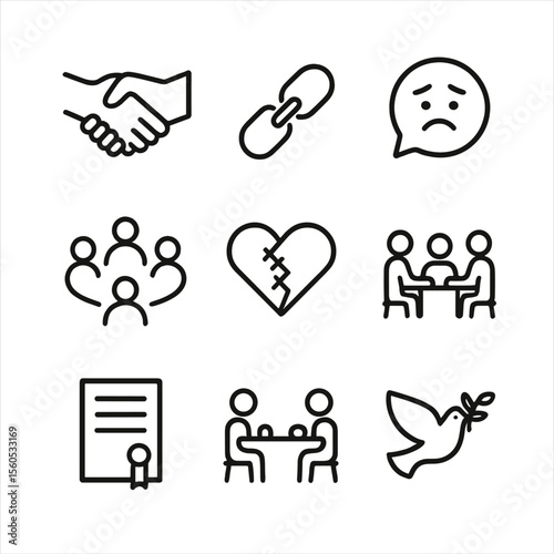 Restorative Justice Icons. Outline icon set of restorative justice practices: handshake across divide, broken chain mending,