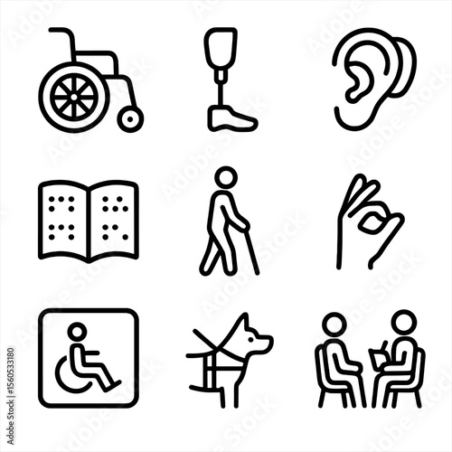 Disability Support Icons. Outline icon set of disability support: wheelchair, prosthetic limb, hearing aid, braille book, cane,