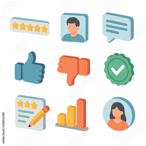 Review Icons Grid. Isometric Flat icon set of reviews and ratings: star rating, customer photo, review text bubble, thumbs up icon