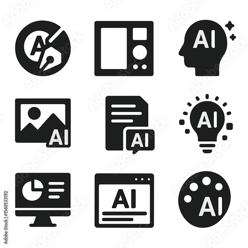 Creative AI Icon Set. Solid, filled icon set of creative AI tools for business: logo generator, brand mood board, image enhancer,