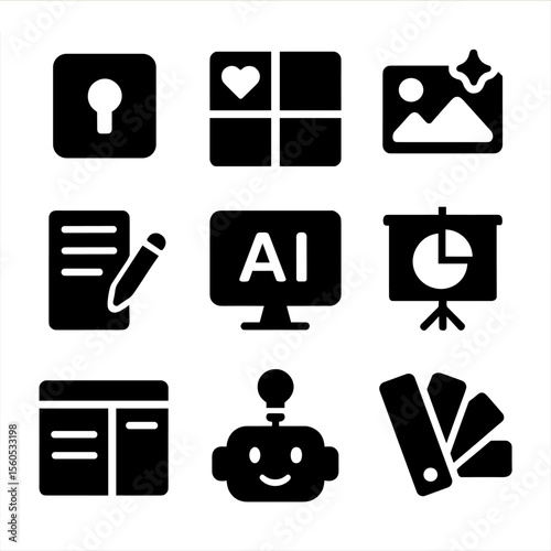 Creative AI Icon Set. Solid, filled icon set of creative AI tools for business: logo generator, brand mood board, image enhancer,