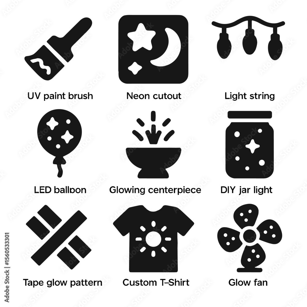 DIY Glow Decor Icons. Solid, filled icon set of DIY glow decor: UV paint brush, neon paper cutout, light string, LED balloon,