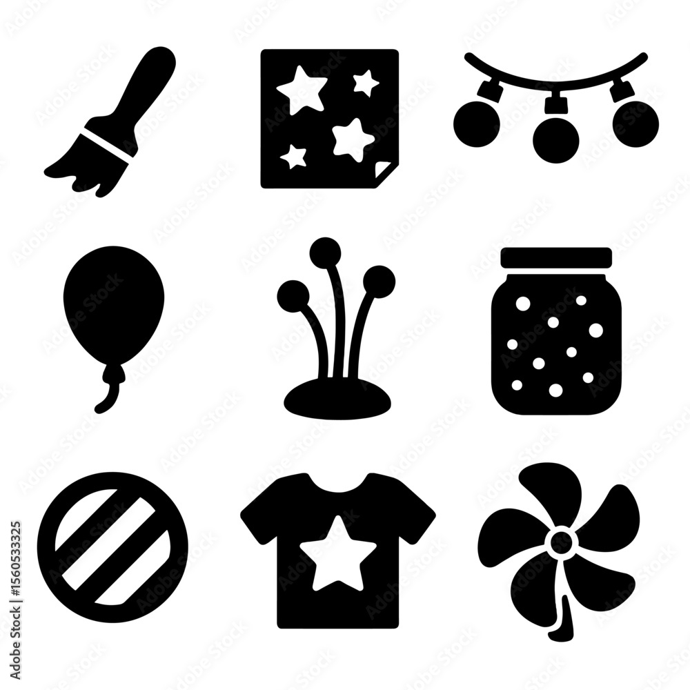 DIY Glow Decor Icons. Solid, filled icon set of DIY glow decor: UV paint brush, neon paper cutout, light string, LED balloon,