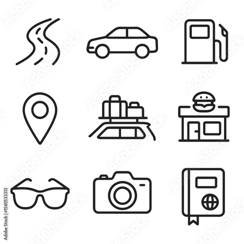 Road Trip Icons. Outline icon set of road trip: winding road, car silhouette, gas pump, map pin, luggage rack, roadside diner,