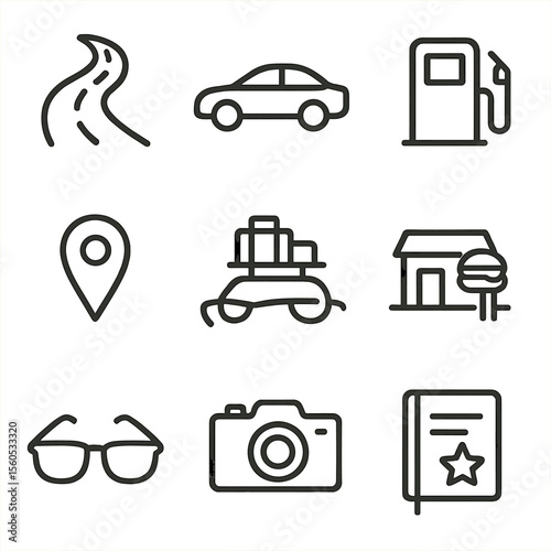Road Trip Icons. Outline icon set of road trip: winding road, car silhouette, gas pump, map pin, luggage rack, roadside diner,