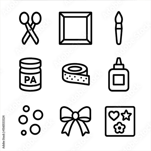 DIY Frame Icons. Outline icon set of DIY decorative photo frames: craft scissors, wooden frame blank, paintbrush, acrylic paint