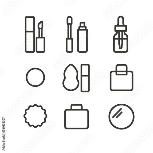 Liquid Concealer Icons. Outline icon set of liquid concealer presentation: stick applicator, doe-foot wand, dropper bottle, shade