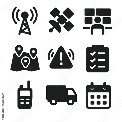 Crisis Coordination Icons. Solid, filled icon set of Crisis response coordination: radio tower, satellite, command center, map
