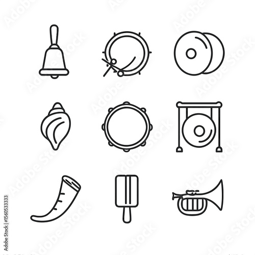 Ritual Musical Icons. Outline icon set of Ritual Musical Instruments: handbell, bass drum, cymbals, conch shell, tambourine, gong,