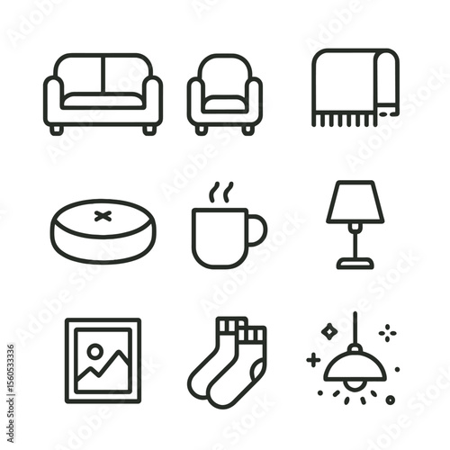 Living Room Icons. Outline icon set of living room comfort essentials: soft sofa, armchair, fleece blanket, floor cushion, warm