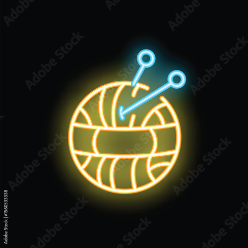 Neon glowing icon of a ball of yarn with knitting needles stuck through it, representing knitting and crafts