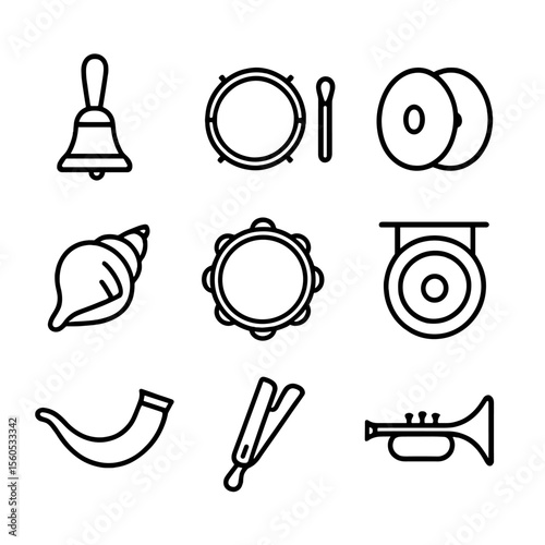 Ritual Musical Icons. Outline icon set of Ritual Musical Instruments: handbell, bass drum, cymbals, conch shell, tambourine, gong,