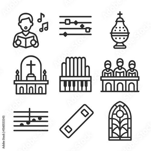 Liturgical Icons Set. Outline icon set of liturgical music setting: liturgical singer, Gregorian notation, incense burner, altar