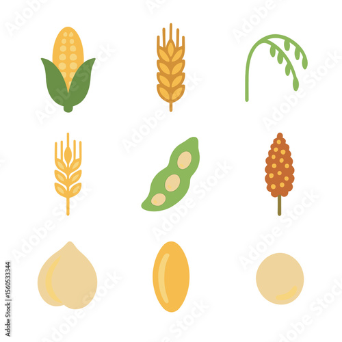 Crop Diversity Icons. Flat icon set of crop diversity: maize ear, wheat sheaf, rice panicle, barley head, soybean pod, sorghum