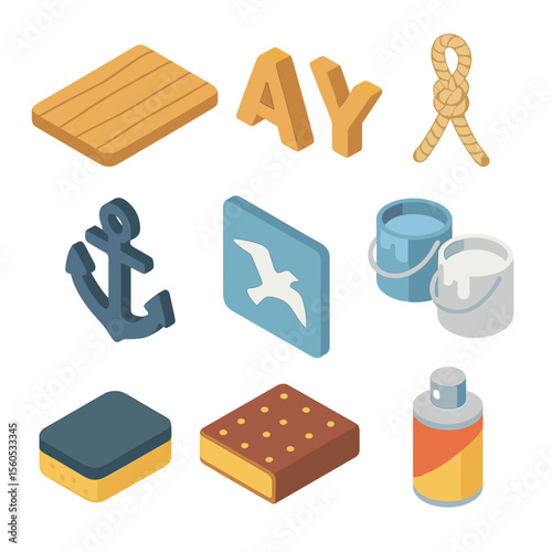 DIY Wood Sign Icons. Isometric Flat icon set of DIY wooden sign painting: plank signboard, wooden letters, nautical rope hanger,