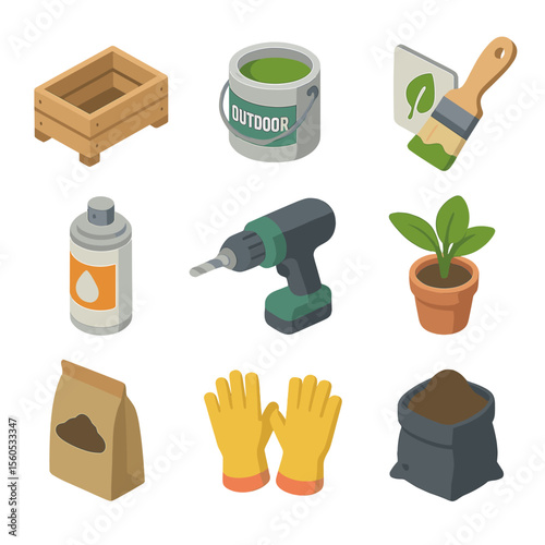 DIY Planter Icon Set. Isometric Flat icon set of DIY wooden planter box painting: planter box, outdoor paint can, paintbrush, leaf
