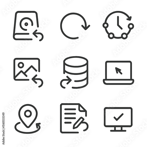 Rollback Icon Set. Outline icon set of rollback and recovery: backup icon, restore arrow, version history, snapshot, database
