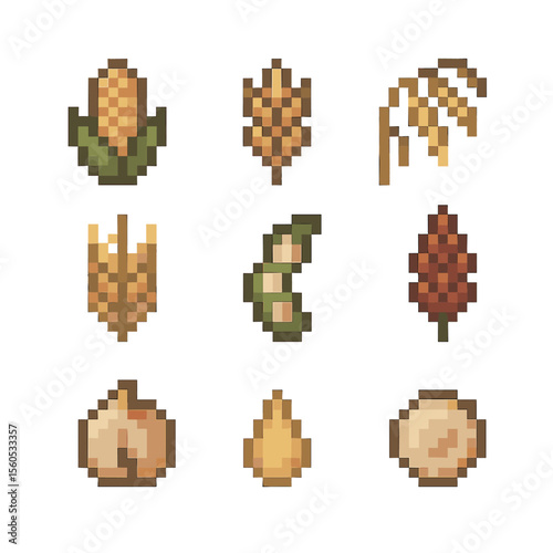 Crop Diversity Icons. Pixel art icon set of crop diversity: maize ear, wheat sheaf, rice panicle, barley head, soybean pod,