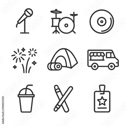Live Music Icon Set. Outline icon set of live music events: microphone stand, drum set, vinyl record, backstage pass, fireworks