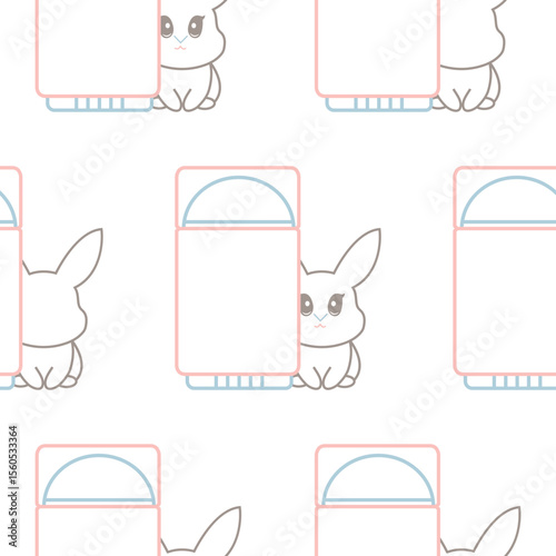 pattern of two simple colored cosmetic deodorant check marks with rabbits next to them, meaning that cosmetic products are not tested on animals