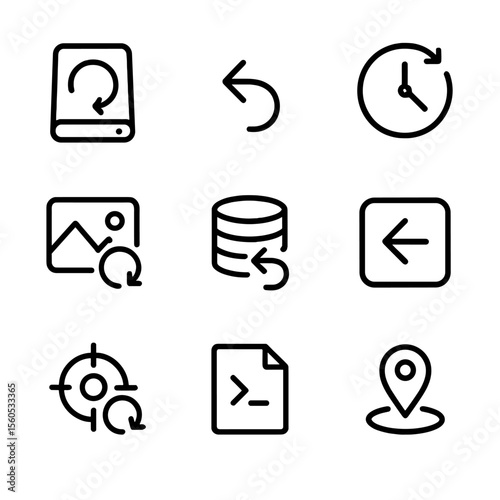 Rollback Icon Set. Outline icon set of rollback and recovery: backup icon, restore arrow, version history, snapshot, database