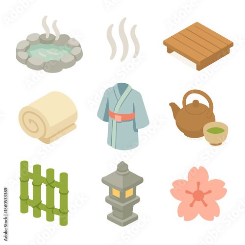 Romantic Hot Spring Icons. Isometric Flat icon set of romantic hot spring resort: hot spring pool, steam rising, wooden deck,