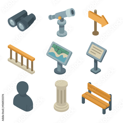 Rooftop Observation Icons. Isometric Flat icon set of rooftop observation deck: binoculars, telescope, viewpoint sign, railing,