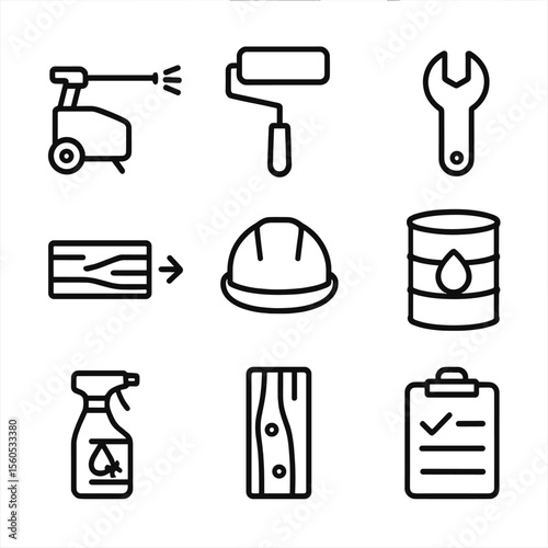 Dock Maintenance Icons. Outline icon set of dock maintenance: power washer, paint roller, wrench, replacement board, safety helmet