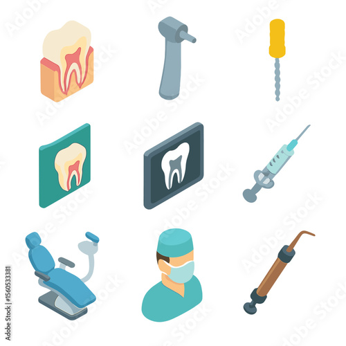 Root Canal Icon Set. Isometric Flat icon set of root canal dental treatment: tooth cross-section, dental drill, root canal file,