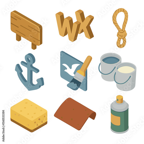 DIY Wood Sign Icons. Isometric Flat icon set of DIY wooden sign painting: plank signboard, wooden letters, nautical rope hanger,