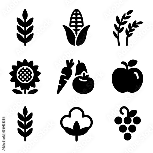 Crop Icons Grid. Solid, filled icon set of crop types: wheat, corn, rice, sunflower, vegetables, fruits, barley, cotton, vineyards