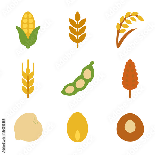 Crop Diversity Icons. Flat icon set of crop diversity: maize ear, wheat sheaf, rice panicle, barley head, soybean pod, sorghum
