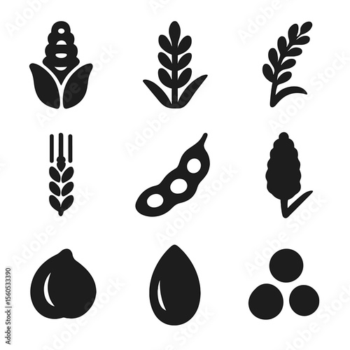 Crop Icon Diversity. Solid, Filled icon set of crop diversity: maize ear, wheat sheaf, rice panicle, barley head, soybean pod,