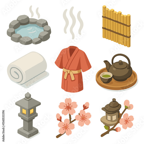 Romantic Hot Spring Icons. Isometric Flat icon set of romantic hot spring resort: hot spring pool, steam rising, wooden deck,