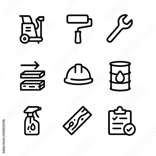 Dock Maintenance Icons. Outline icon set of dock maintenance: power washer, paint roller, wrench, replacement board, safety helmet