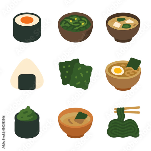 Culinary Seaweed Icons. Flat icon set of culinary seaweed dishes: sushi roll, seaweed salad, miso soup, rice ball wrap, seaweed