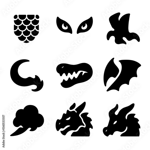 Dragon Features Icons. Solid, filled icon set of dragon features: scaled body, fiery eyes, clawed foot, spiked tail, sharp teeth,