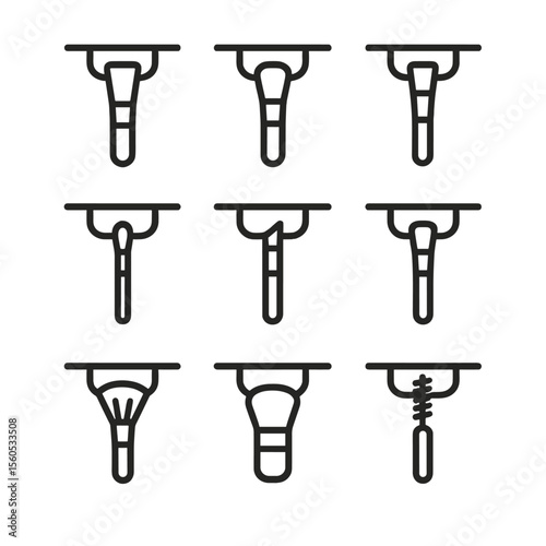 Makeup Brush Icons. Outline icon set of drying makeup brushes: foundation brush, powder brush, eyeshadow brush, blending brush,