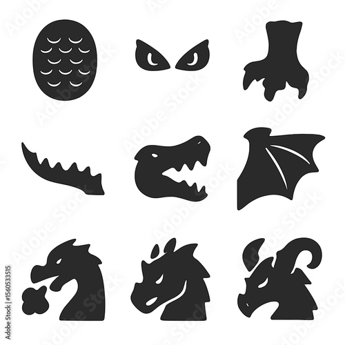 Dragon Features Icons. Solid, filled icon set of dragon features: scaled body, fiery eyes, clawed foot, spiked tail, sharp teeth,