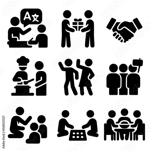 Cultural Exchange Icons. Solid, filled icon set of photo moments of cultural exchange: language lesson, gift exchange, handshake,