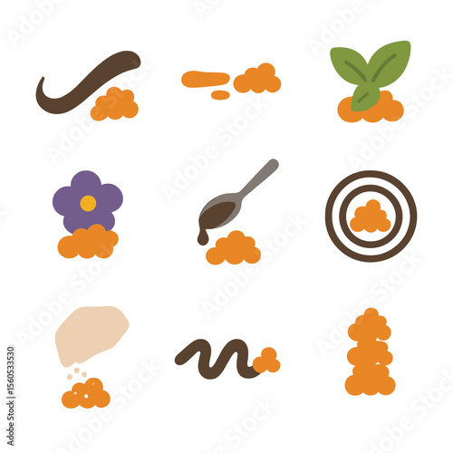 Culinary Plating Icons. Flat icon set of roe plating techniques: swoosh sauce, dot smear, garnish leaf, edible flower, spoon drip,