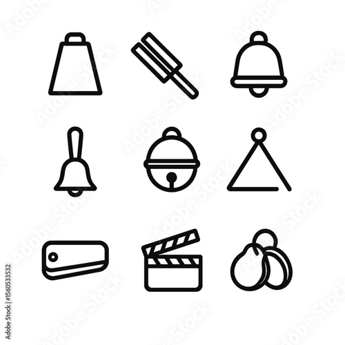 Rural Sound Instruments Icons. Outline icon set of rural sound instruments: cowbell, wooden clapper, handbell, sleigh bell, metal