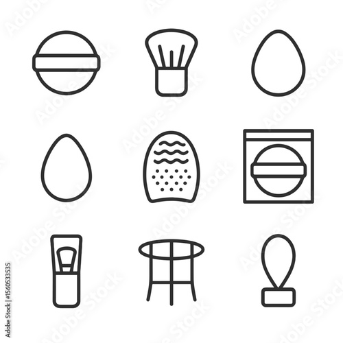 Makeup Icon Set. Outline icon set of makeup applicator accessories: velvet powder puff, kabuki brush, cushion sponge, silicone