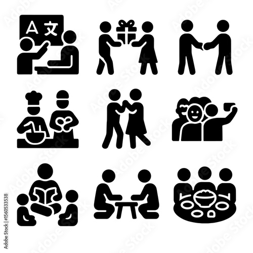 Cultural Exchange Icons. Solid, filled icon set of photo moments of cultural exchange: language lesson, gift exchange, handshake,