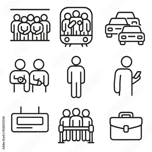 Rush Hour Icons. Outline icon set of rush hour scenes: crowded platform, squeezed train car, bumper-to-bumper cars, people