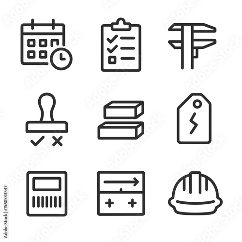 Manufacturing Icon Set. Outline icon set of manufacturing quality checklist: production schedule, inspection clipboard, caliper