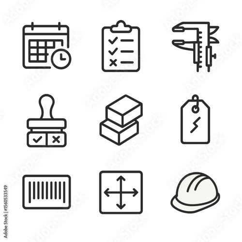 Manufacturing Quality Icons. Outline icon set of manufacturing quality checklist: production schedule, inspection clipboard,