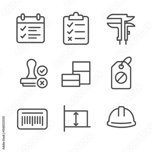 Manufacturing Icon Set. Outline icon set of manufacturing quality checklist: production schedule, inspection clipboard, caliper