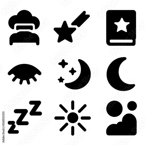 Dream Icon Collection. Solid, filled icon set of exploring dreams: cloud bed, shooting star, dream journal, closed eye, night sky,