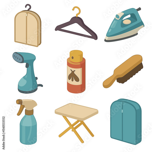 Dress Care Icons. Isometric Flat icon set of dress care and storage: garment bag, velvet hanger, steam iron, fabric steamer, moth